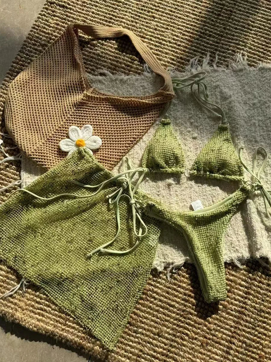 With Mesh Sarong Skirt Halter Bikini