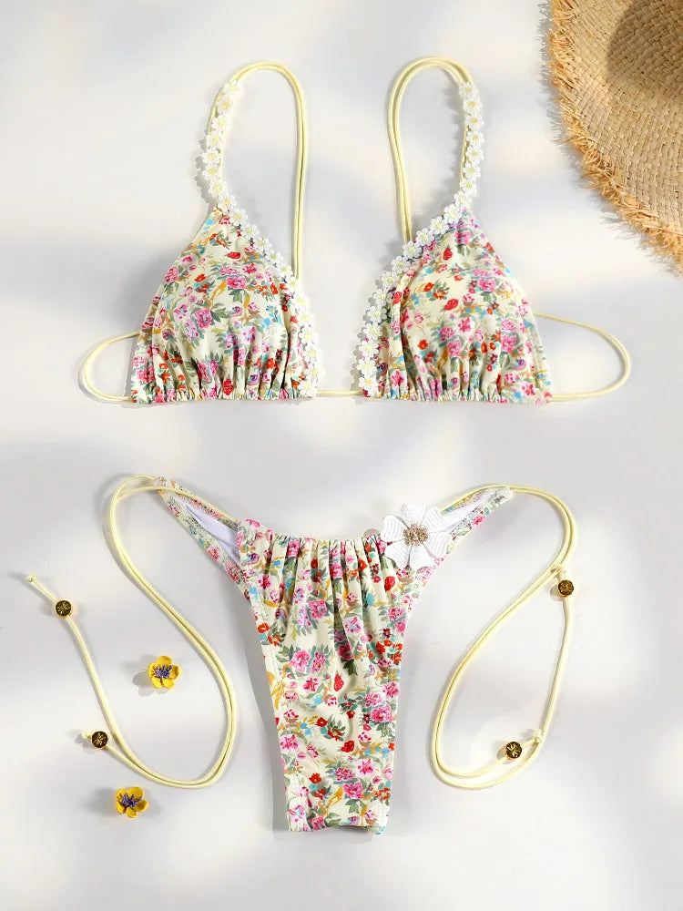 Floral Print Bordered Bikini Set