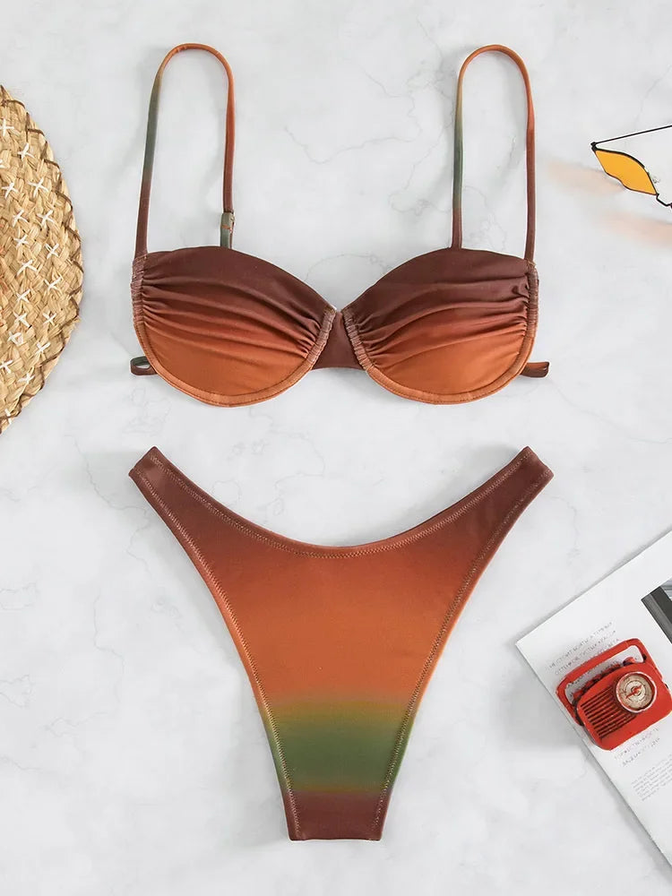 Gradient Wrinkled Underwired Brazilian Bikini
