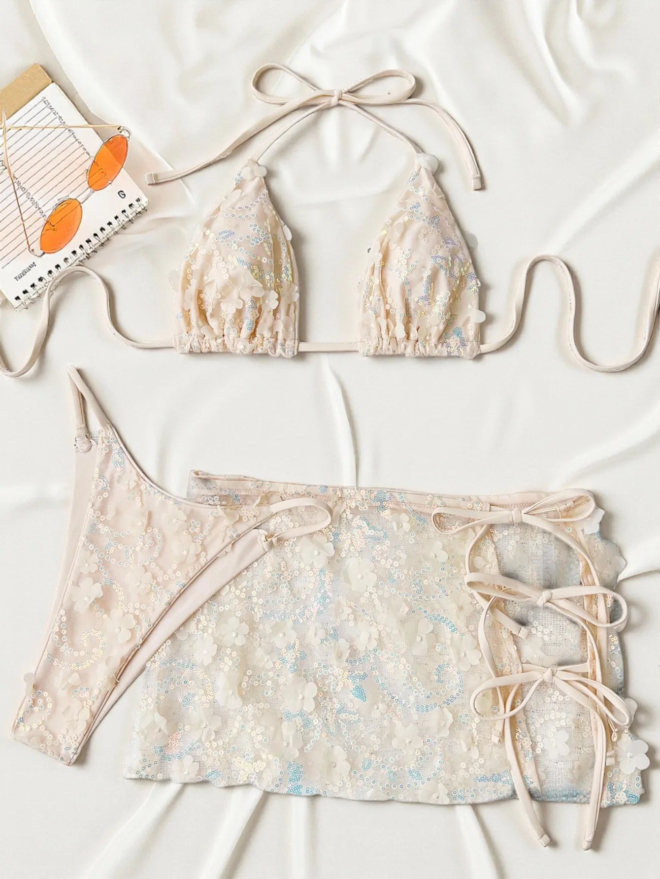 Shiny Sequin Pink Mesh Skirt 3 Piece Bikini Set