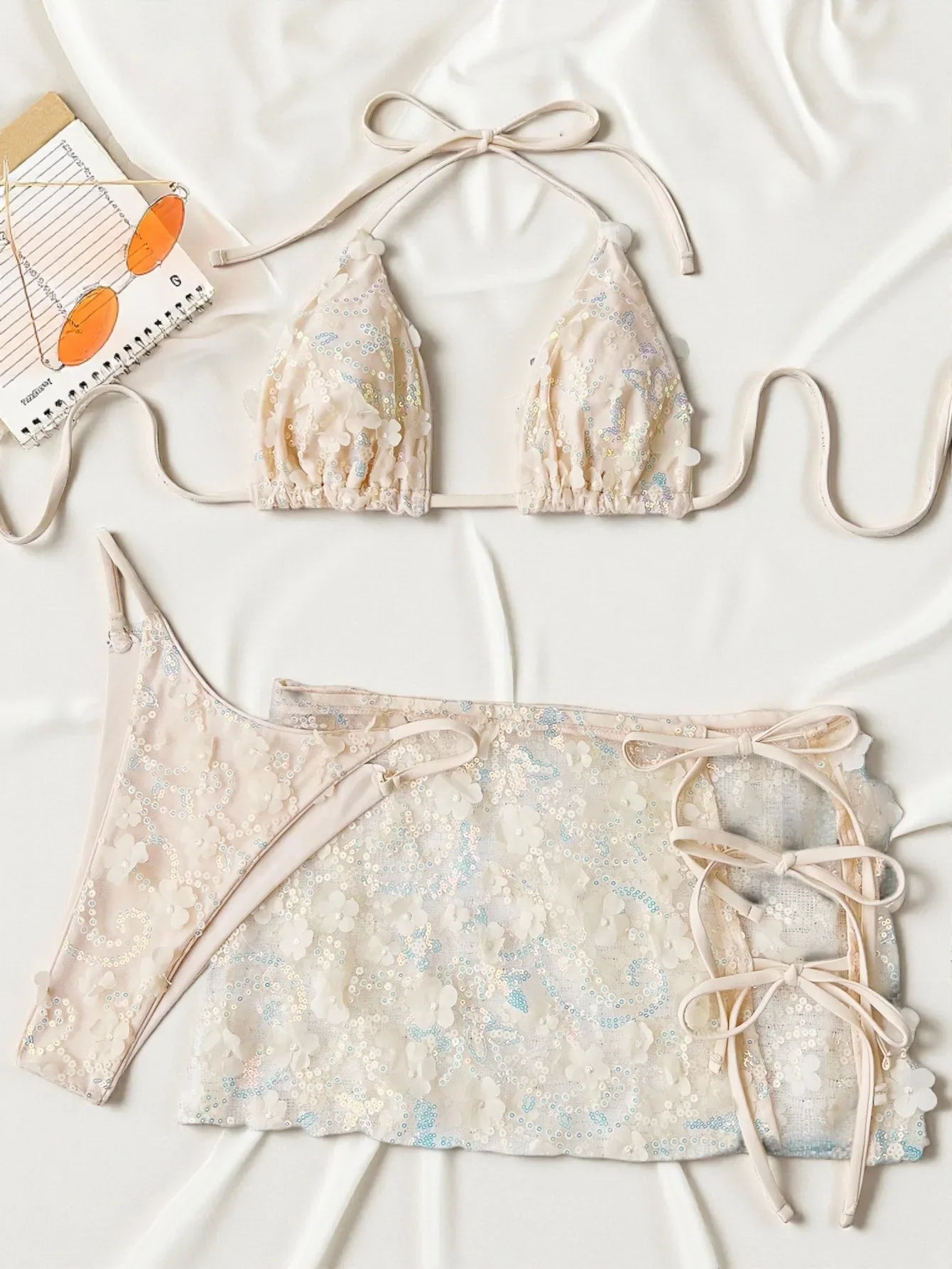 Shiny Sequin Pink Mesh Skirt 3 Piece Bikini Set