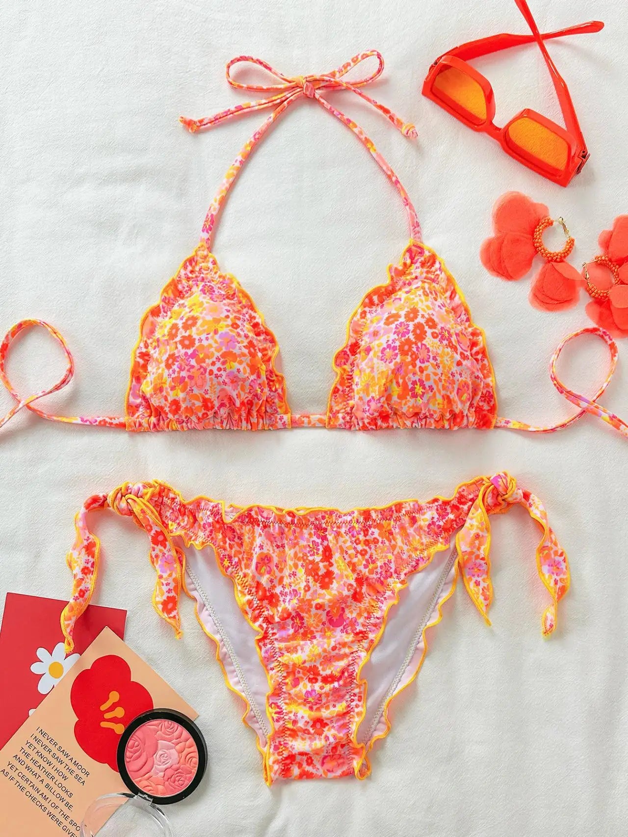 Cute Orange Floral Print Bikini Set