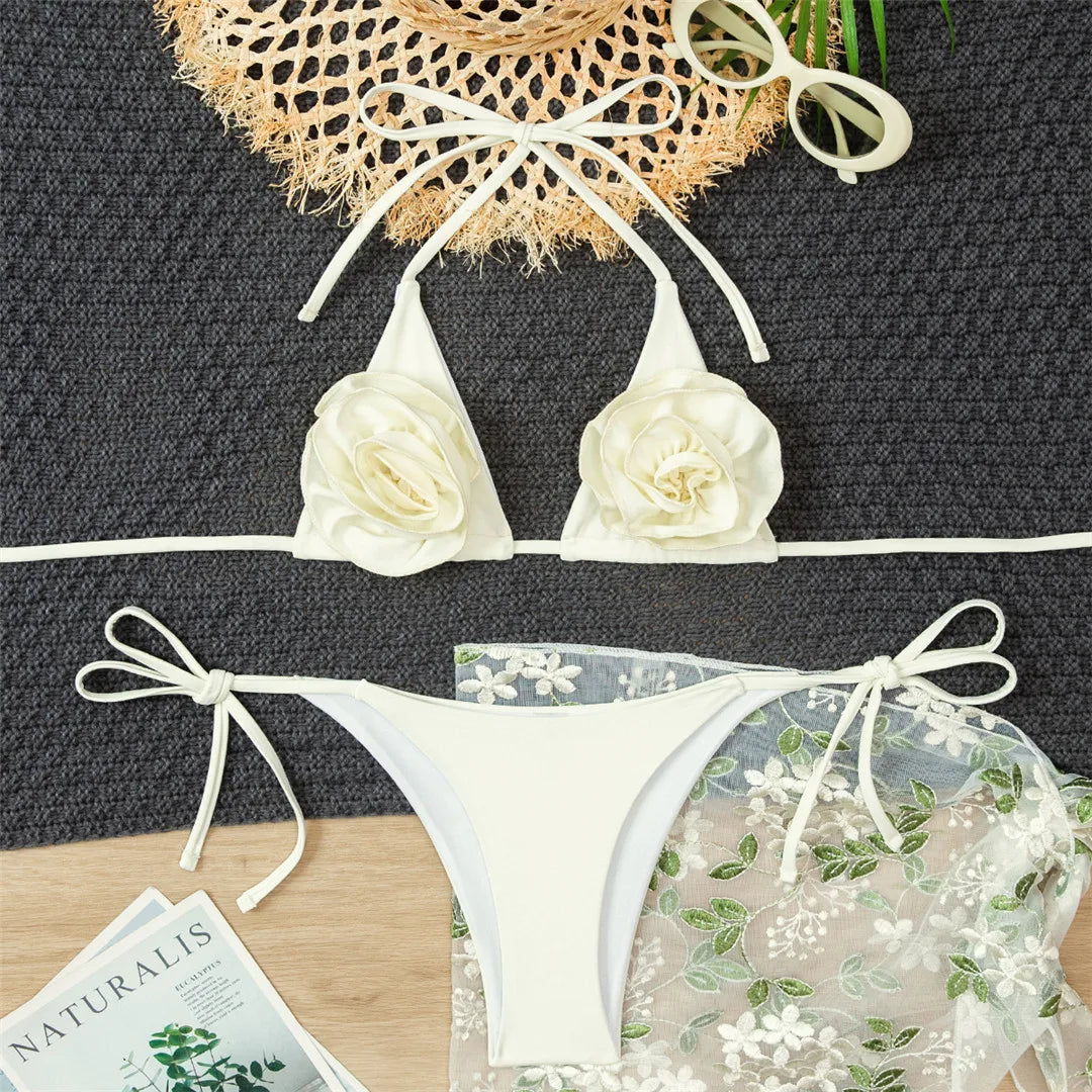 Bather Bathing Suit Swim 3PCS With Sarong 3D Flowers Halter Bikini