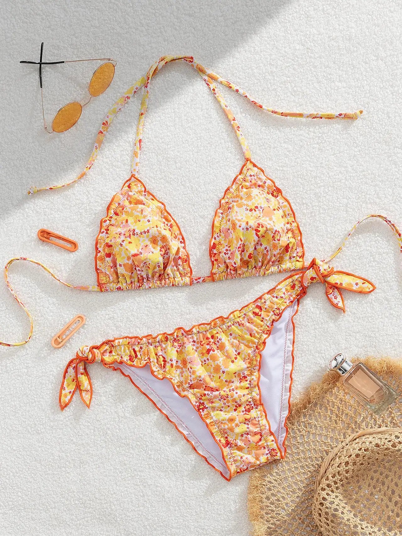 Cute Orange Floral Print Bikini Set