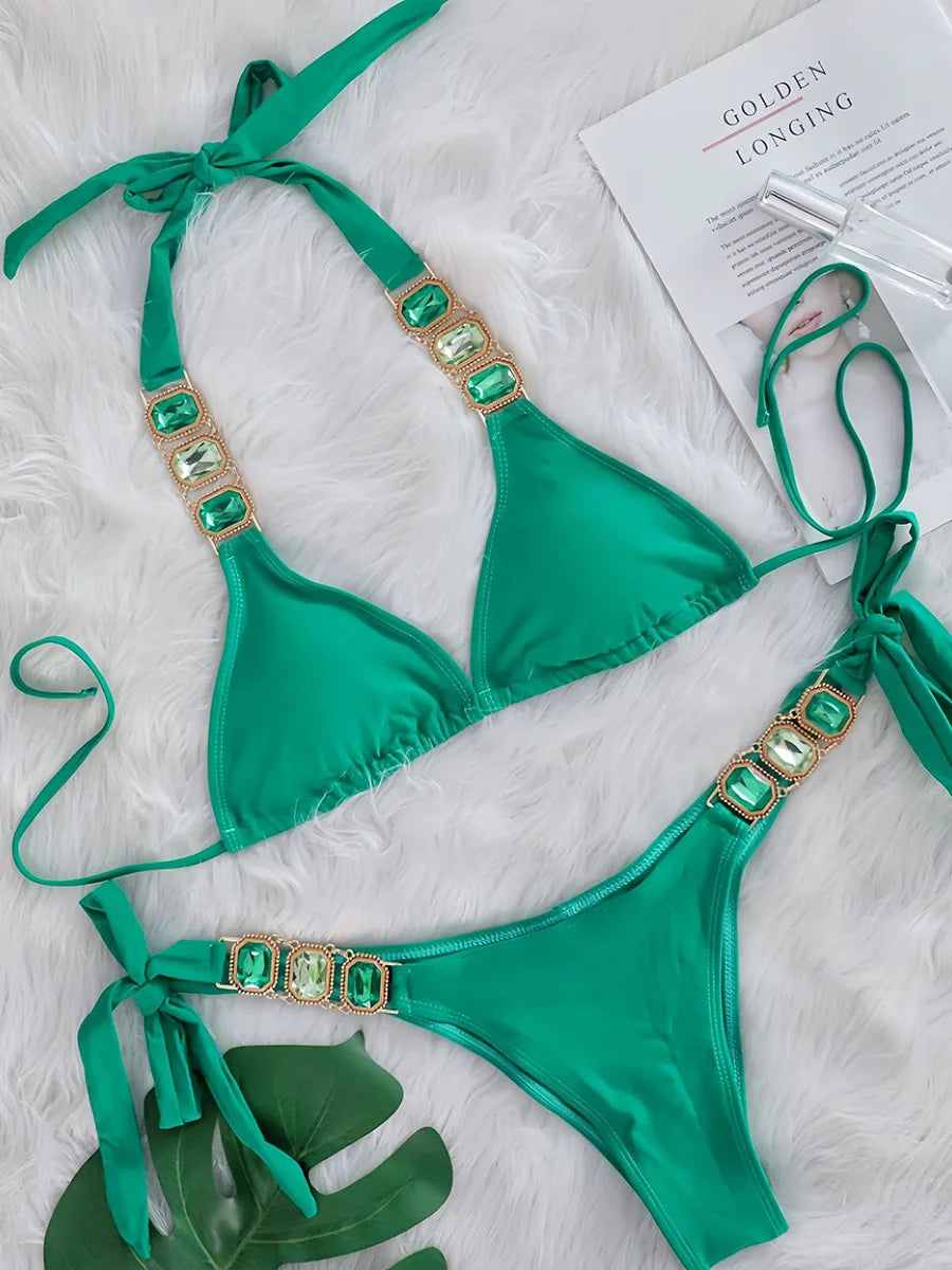 Halter Scrunch Butt Rhintstone Diamond Bikini