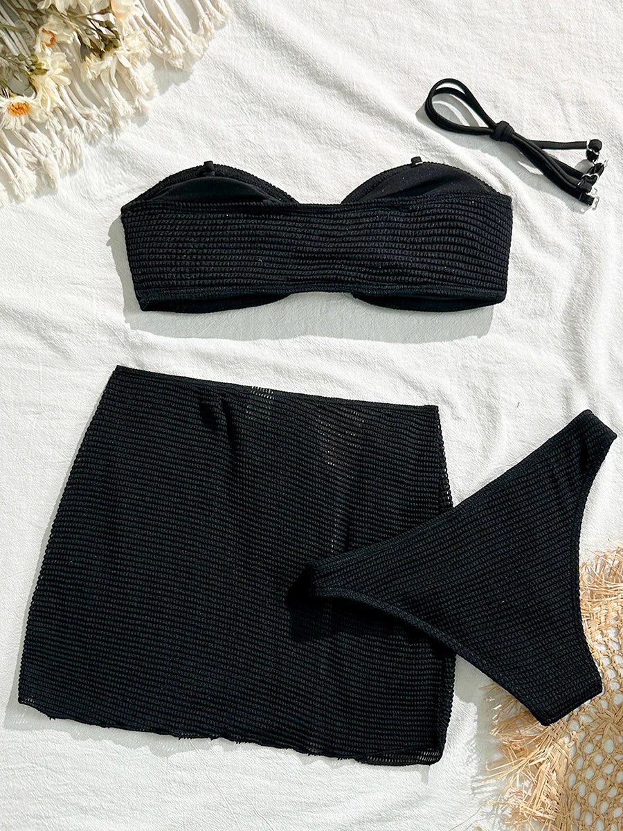 With Skirt Wrinkled Bandeau Bikini