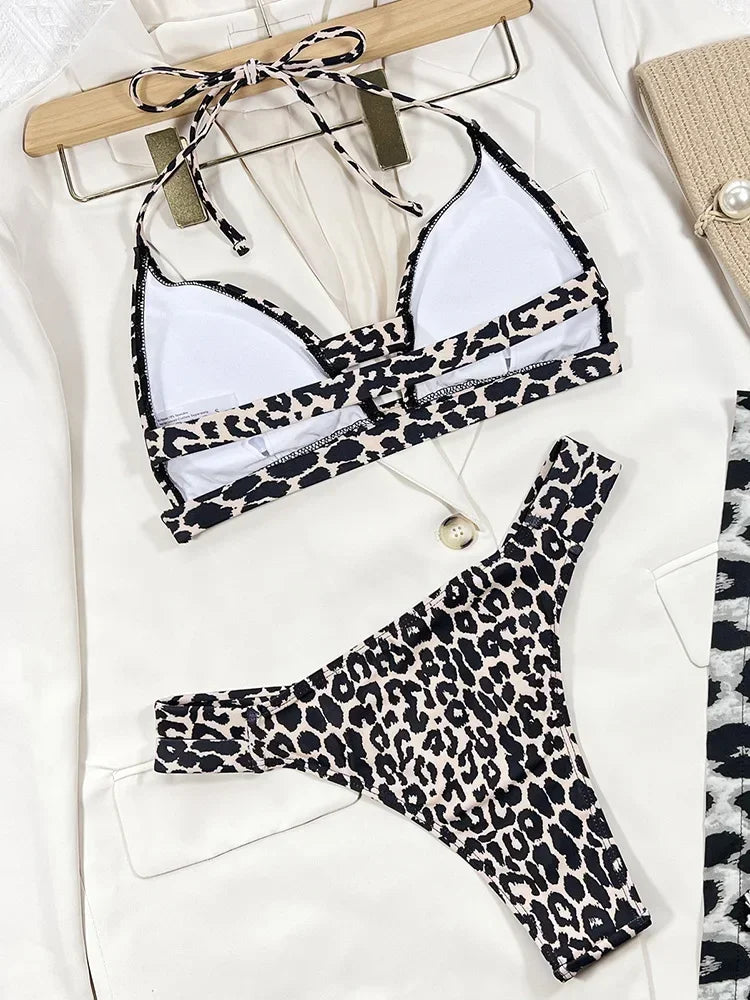 Sexy Strappy Halter Leopard Bikini