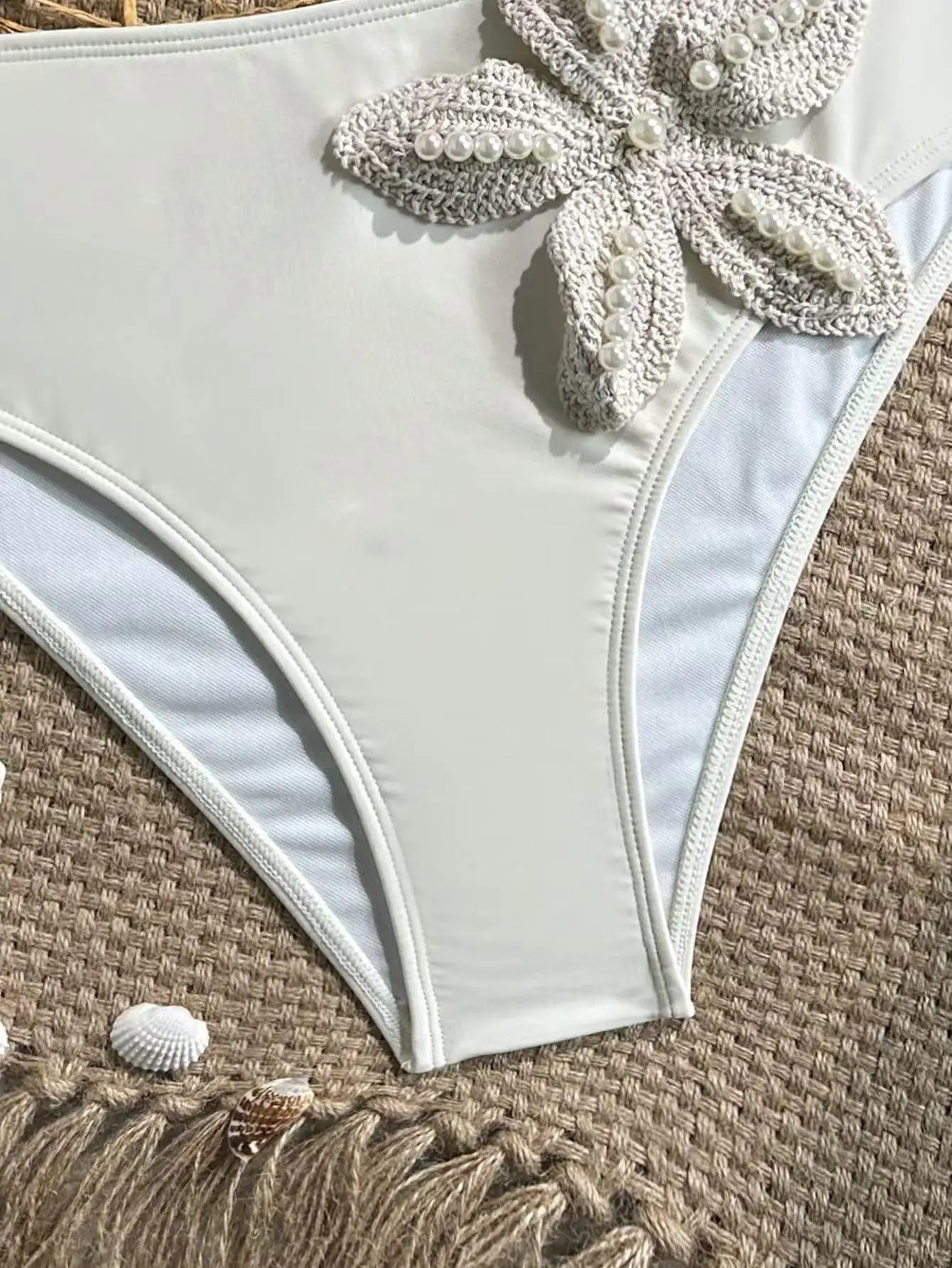 Sexy White 3D Pearls Flower Embroidery Bikini Set