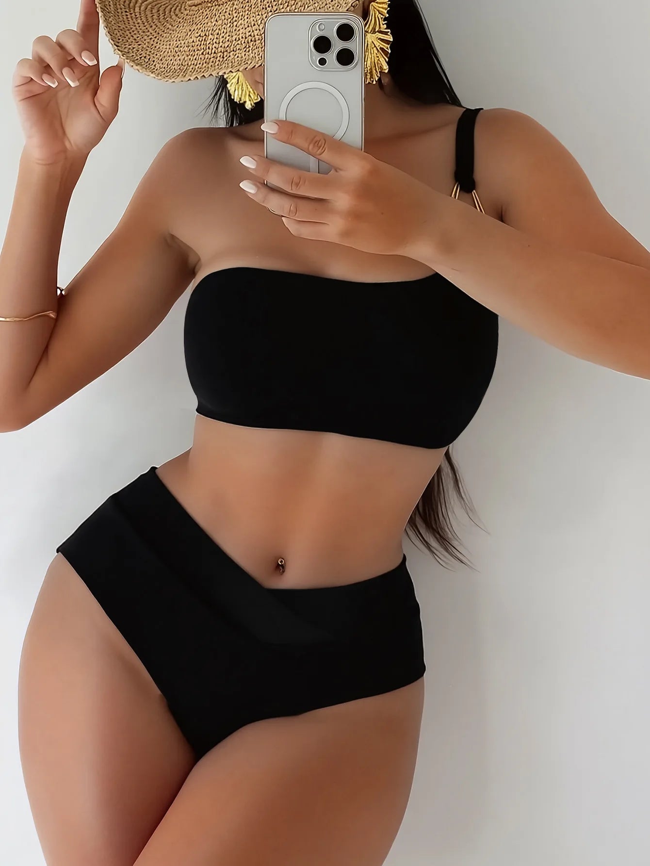 Sexy Metal Buckle One Shoulder Bikini Set