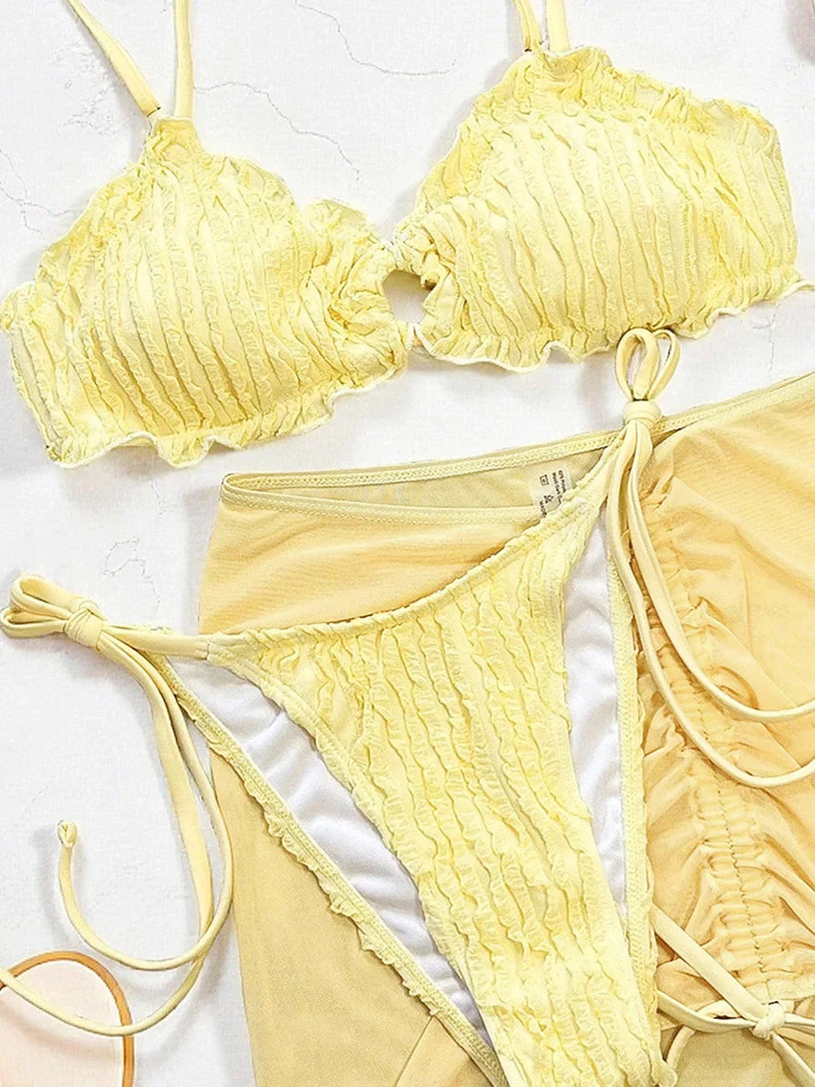 With Mesh Skirt Wrinkled Halter Ruffled Bikini