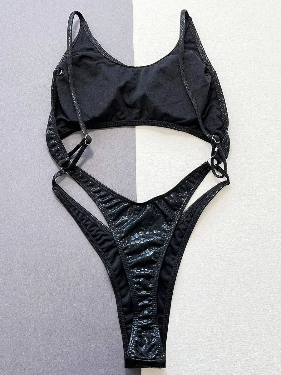 Snake Skin Tummy Cut Out Mini Mirco Thong Female Swimwear One Piece Swimsuit