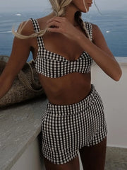 Plaid V Neck Shorts Female Swimsuit