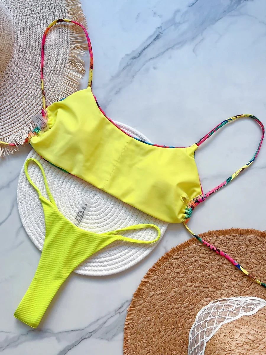 Flower Print Mini Micro Thong High Cut Bikini