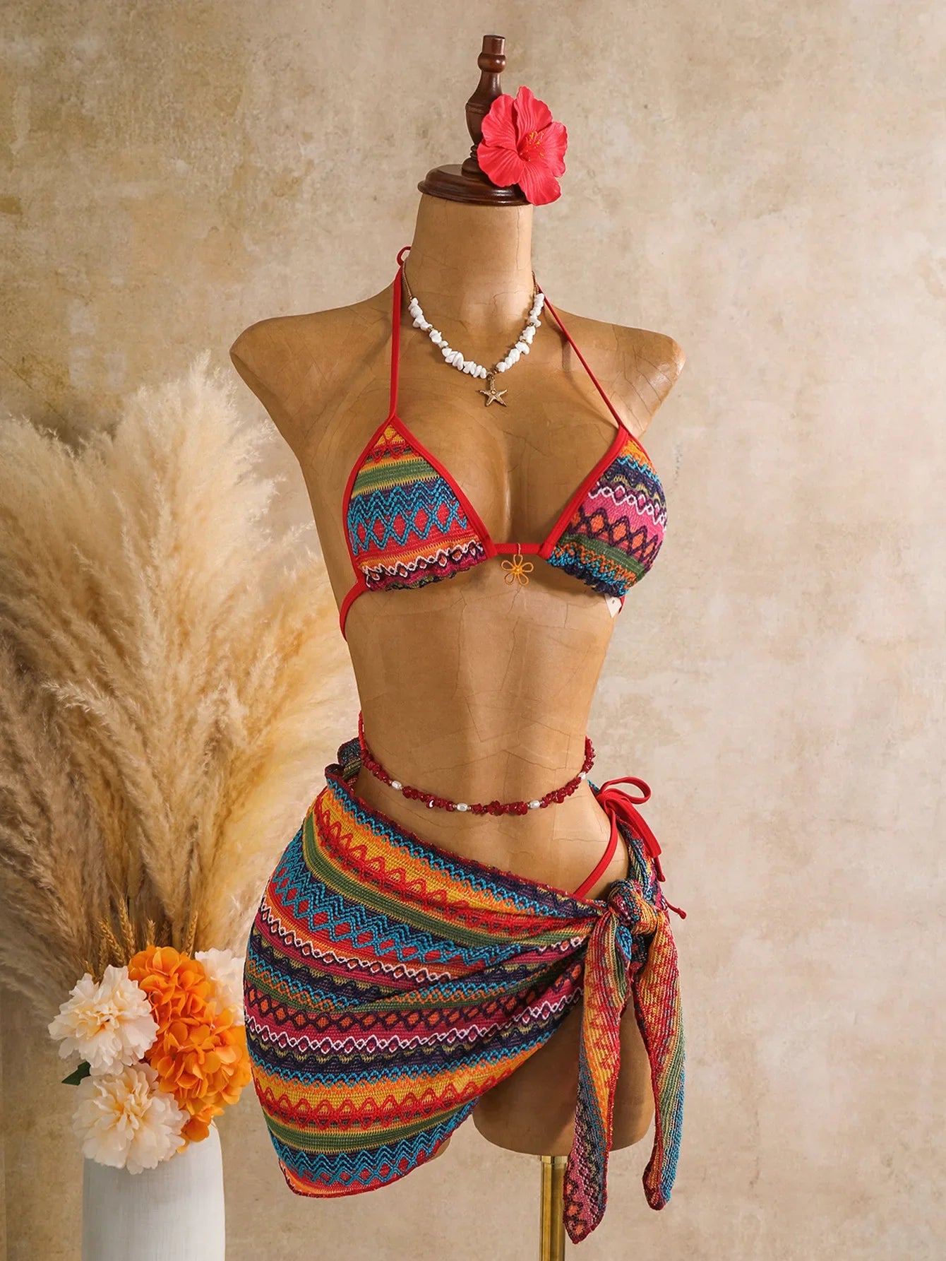 Vintage Red Striped Knitted Skirt 3 Piece Bikini Set