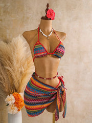 Vintage Red Striped Knitted Skirt 3 Piece Bikini Set