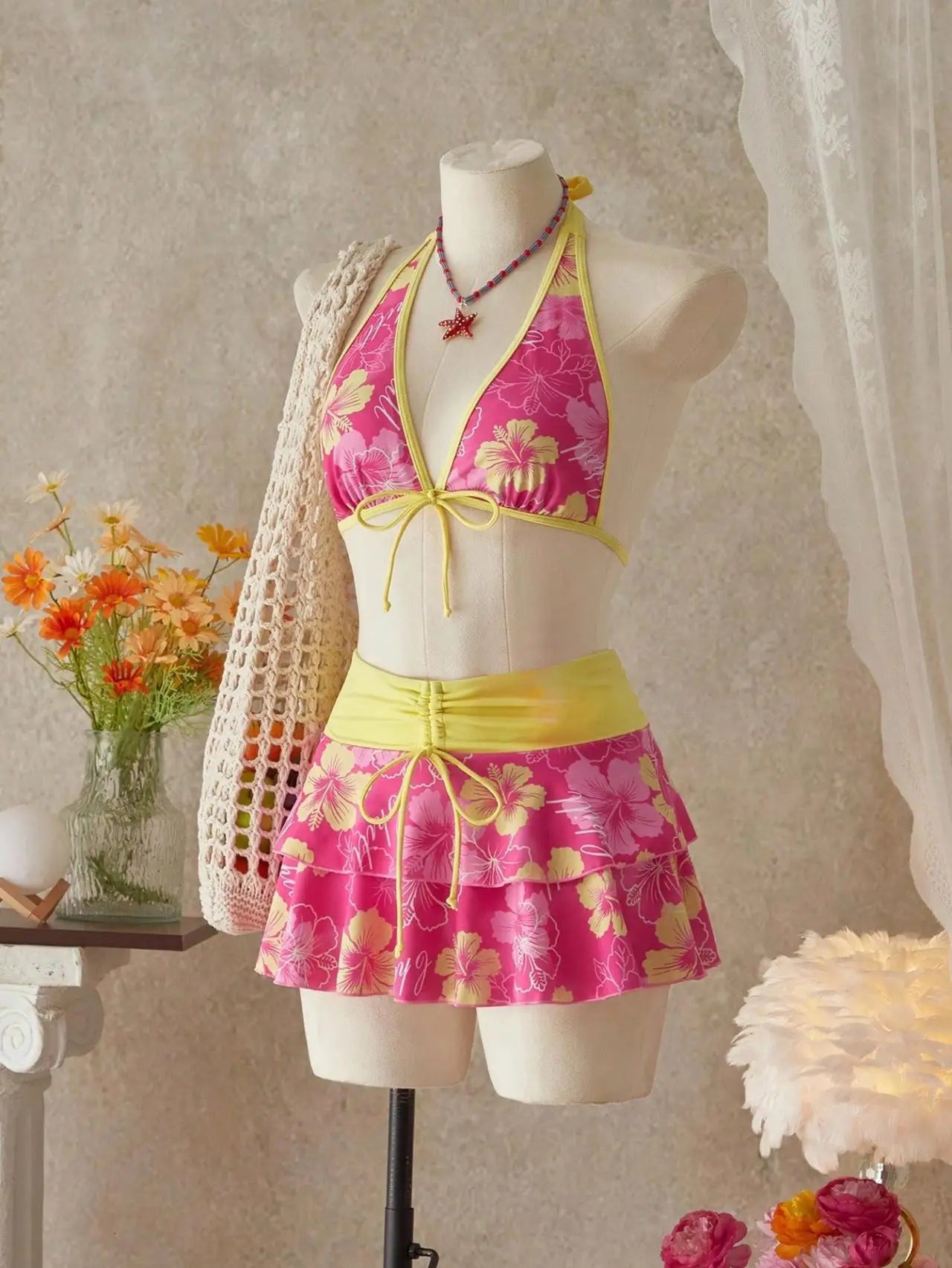 Vintage Pink Floral Print Contrast Bikini Set