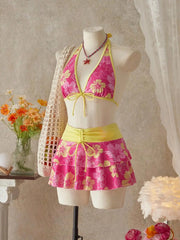 Vintage Pink Floral Print Contrast Bikini Set