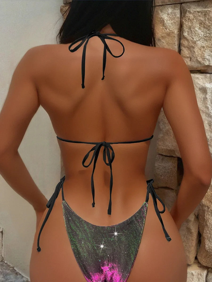 Sexy Shiny Gradient Purple Halter Strappy Bikini