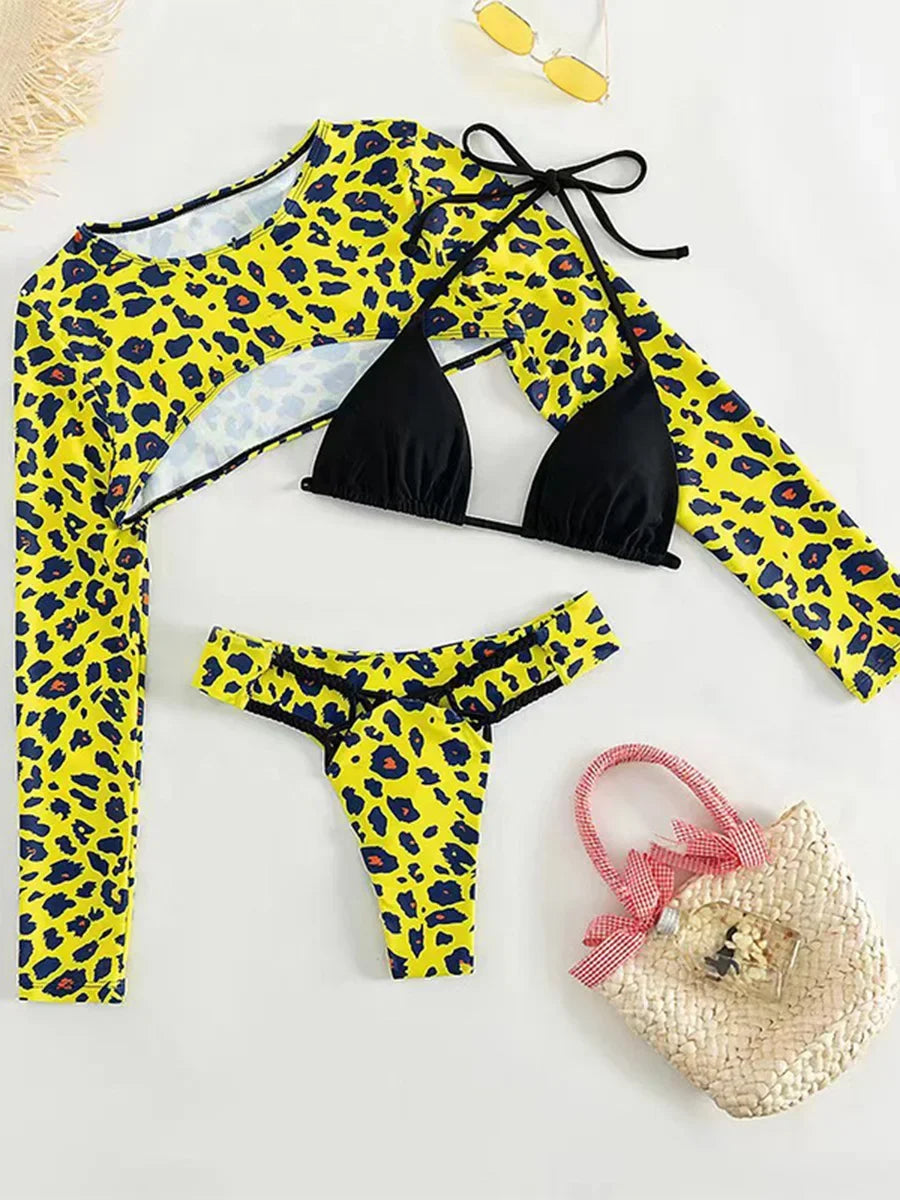 Leopard Printed Long Sleeve Beach Cover-up Bikini