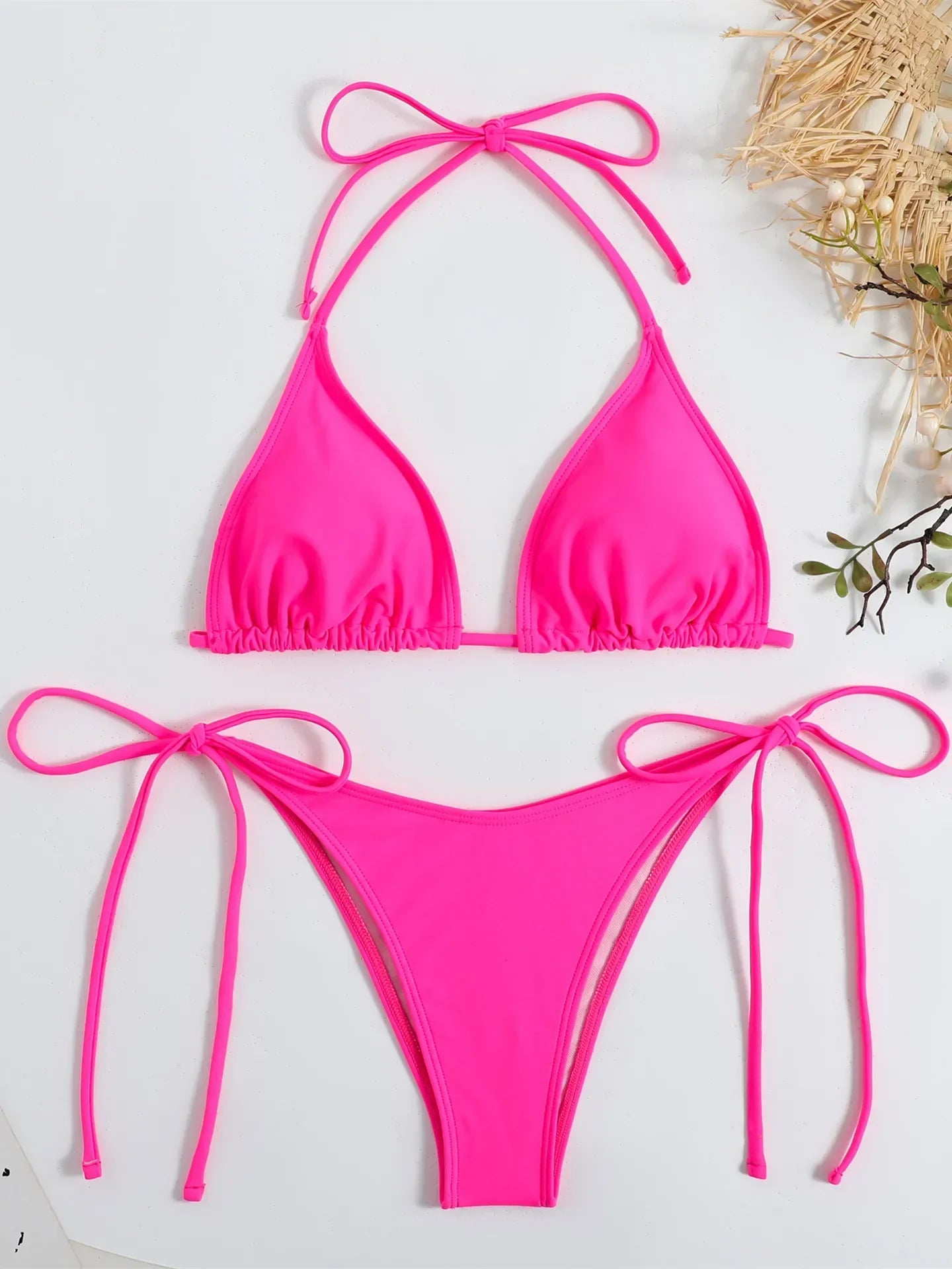 Solid Red Halter Push Up Bra Tie Side Triangle Swimsuit