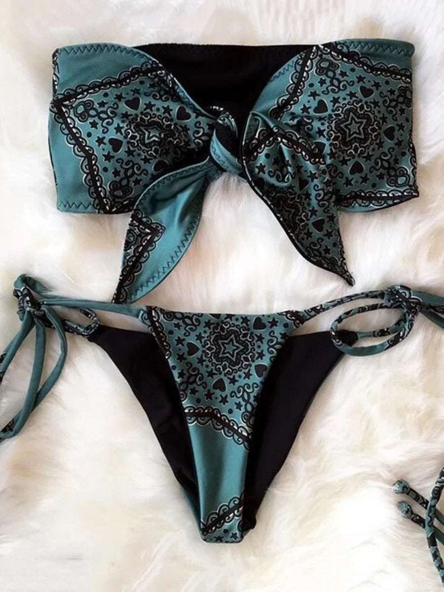 Sexy Printed Bow Knotted Bandeau Bikini