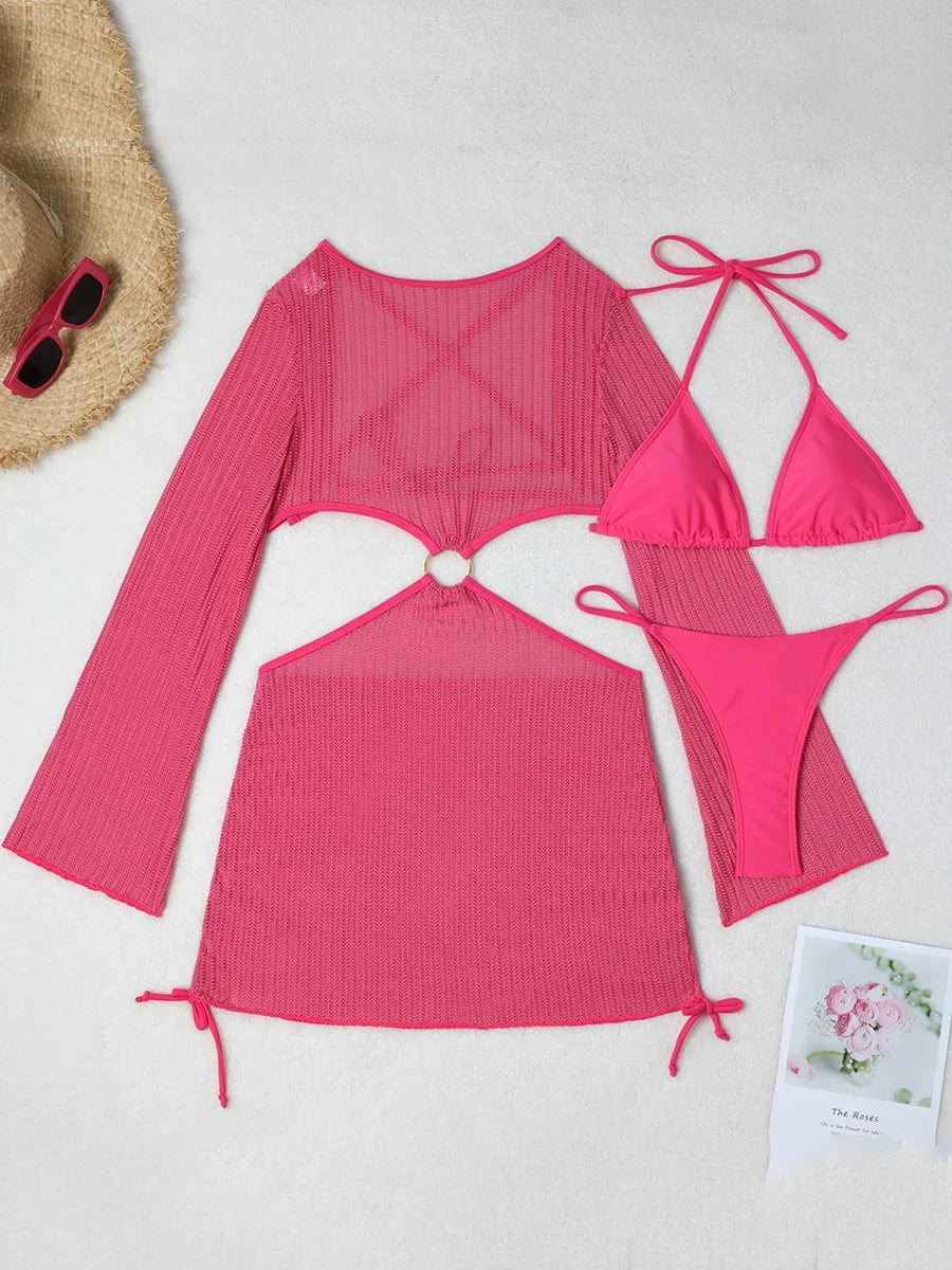 Mesh Sheer Long Sleeve Cover-Up Micro Bikini