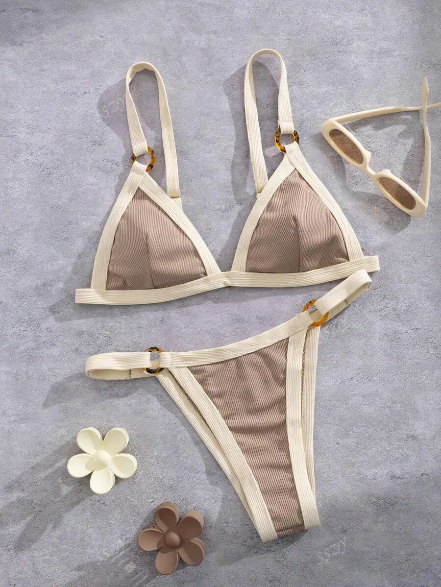 Splicing Ribbed High Cut Rings Bikini