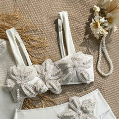 Sexy White 3D Pearls Flower Embroidery Bikini Set