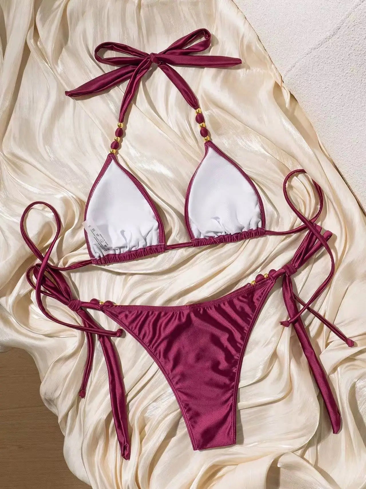 Sexy Coffee Gold Beaded String Bikini Set
