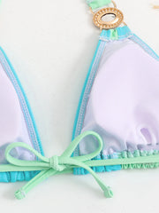 Green Contrast Diamond Push Up Ruffles Skirt 4 Piece Swimsuit