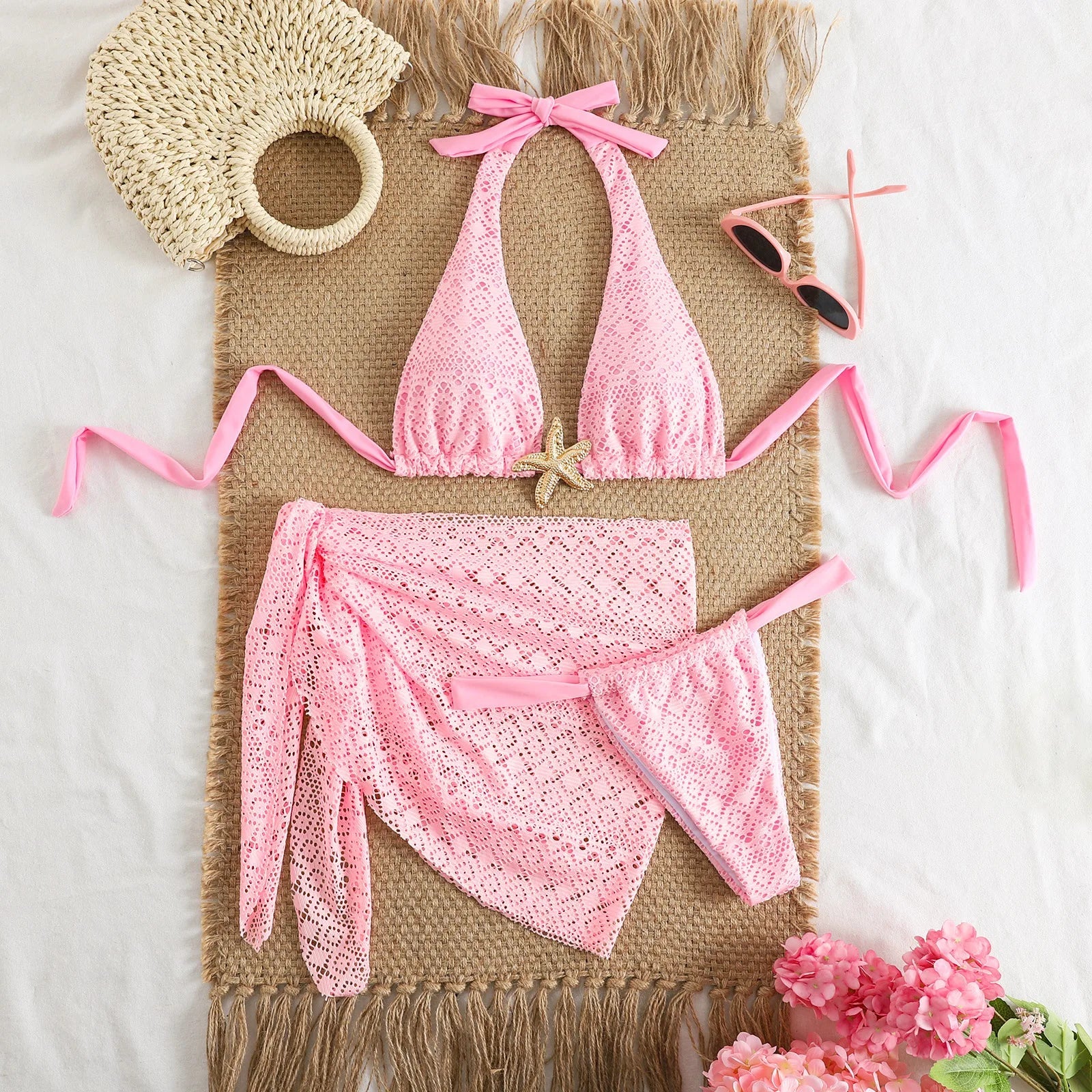Sexy Pink Mesh Cover Up 3 Piece Bikini Set