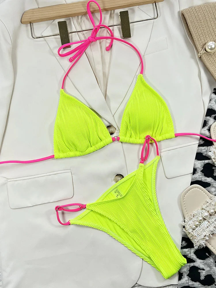 Neon Halter Ribbed Bikini