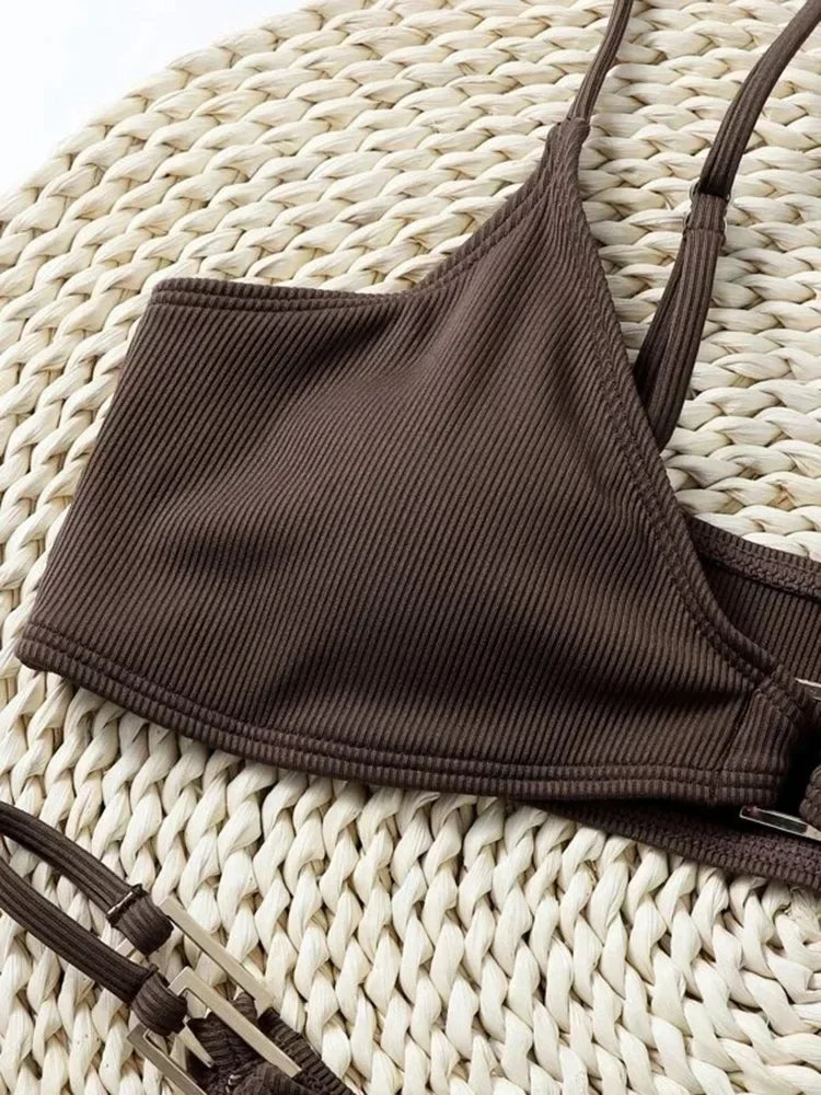 Sexy Ribbed Metal Rings High Cut Bikini