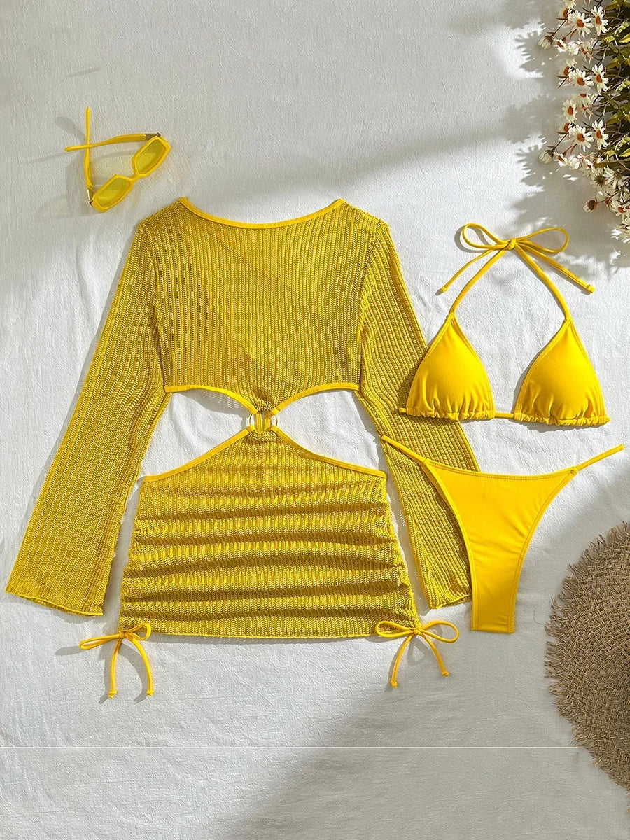 Mesh Sheer Long Sleeve Cover-Up Micro Bikini