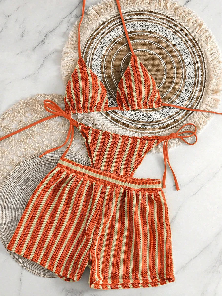 3PCS With Shorts Stripe Halter Fishnet Bikini
