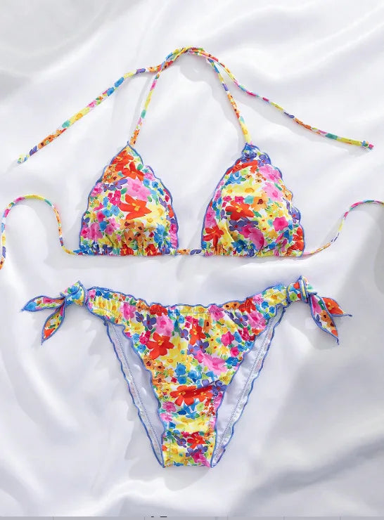 Cute Orange Floral Print Bikini Set