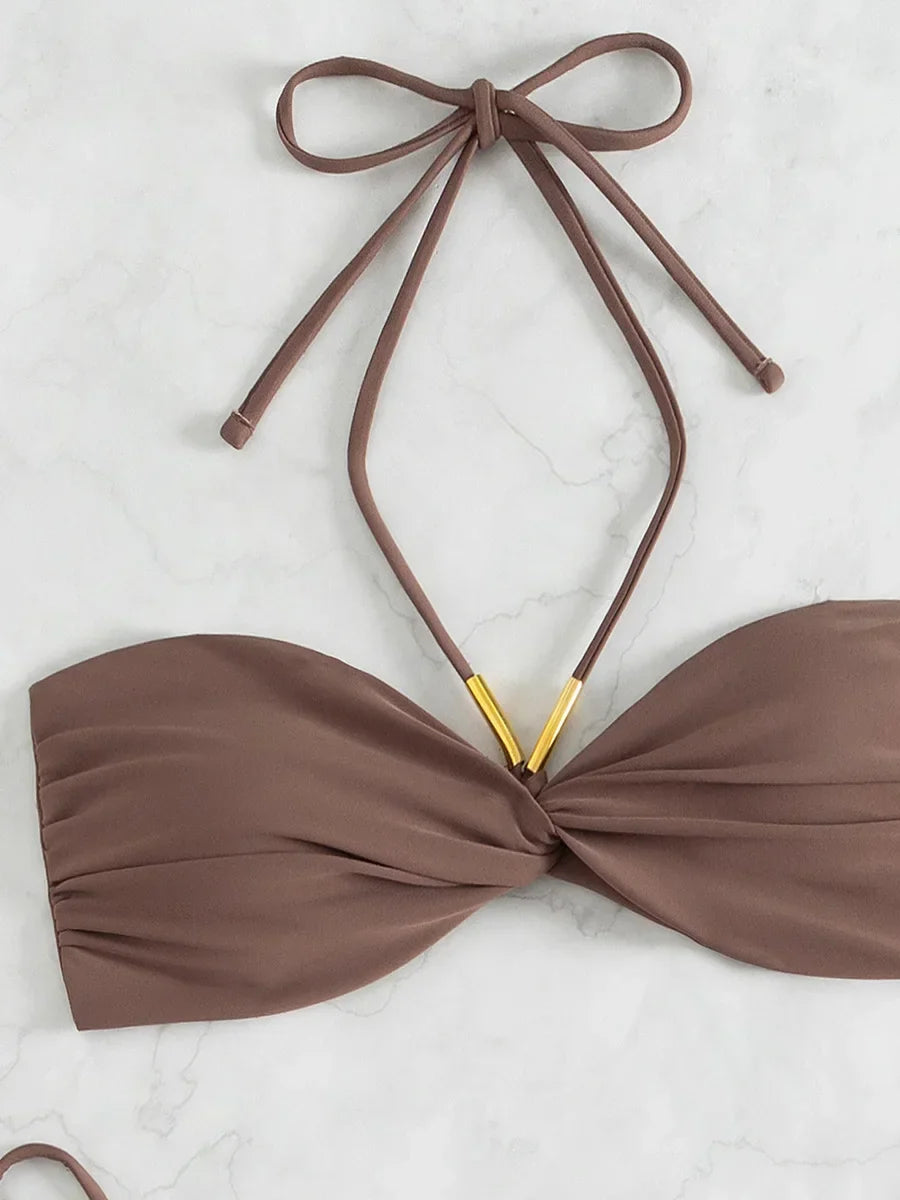 Halter Wrinkled Bandeau Bikini