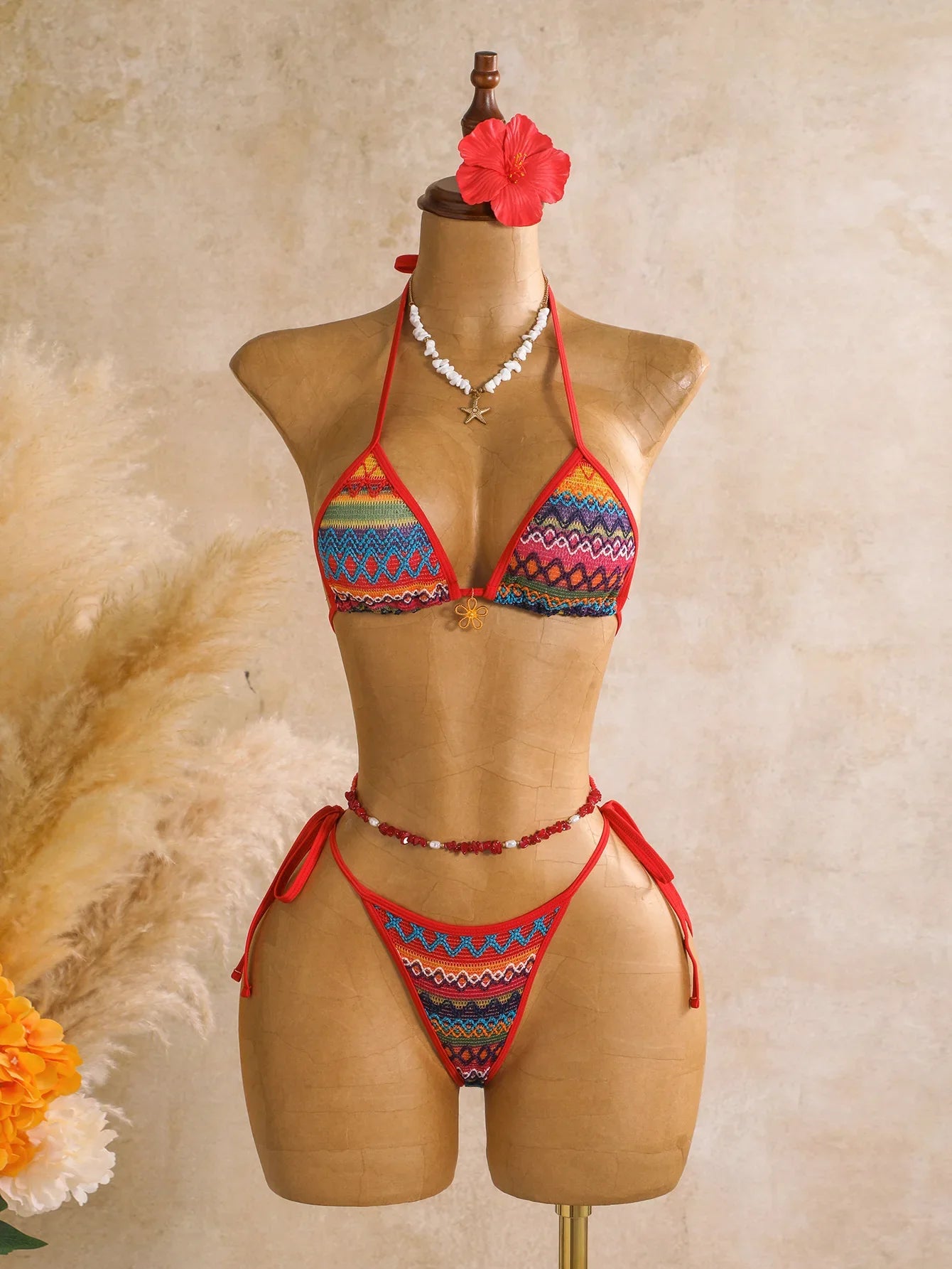 Vintage Red Striped Knitted Skirt 3 Piece Bikini Set