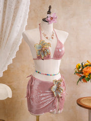 Sexy Pink 3D Flowers Embroidered Bikini Set