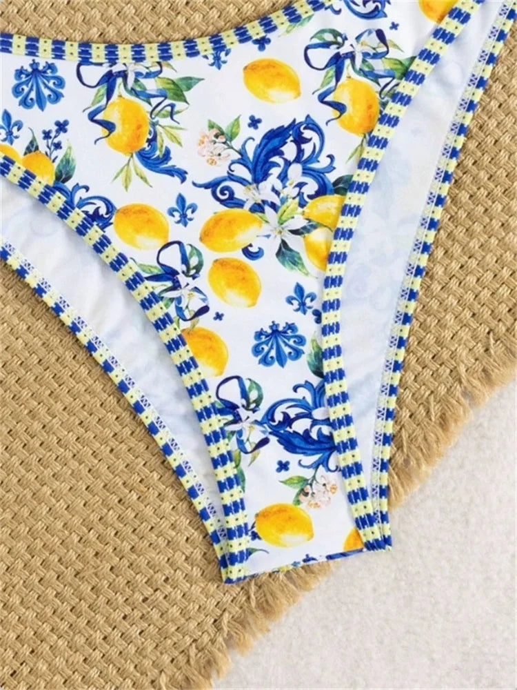 Sexy Blue Fruit Print Bikini Set