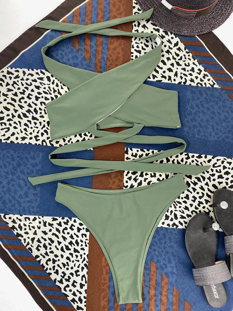 Halter Cross Bandage High Cut Bikini