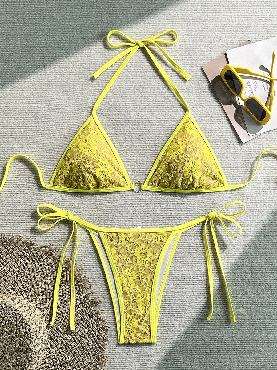 Embroidery Mesh Lace Halter Bikini