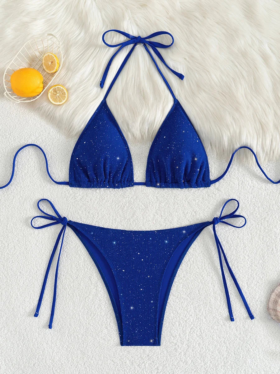 Shiny Sparkling Halter Strappy Bikini