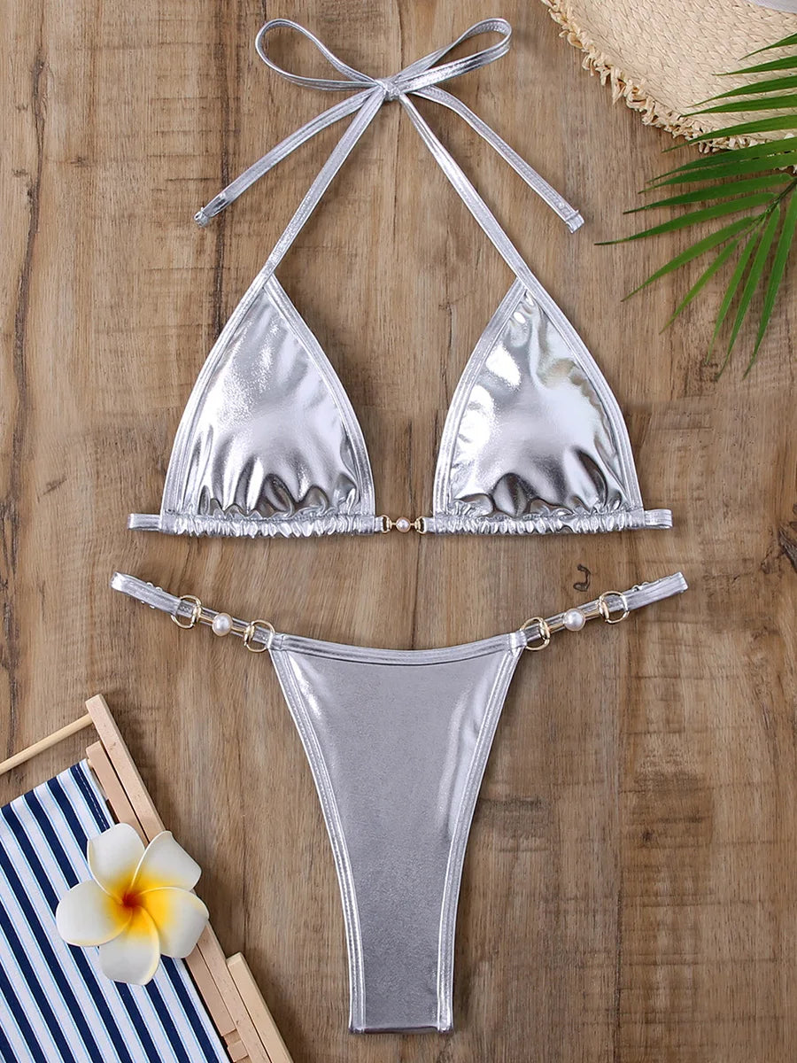 PU Leather Pearls Bikini
