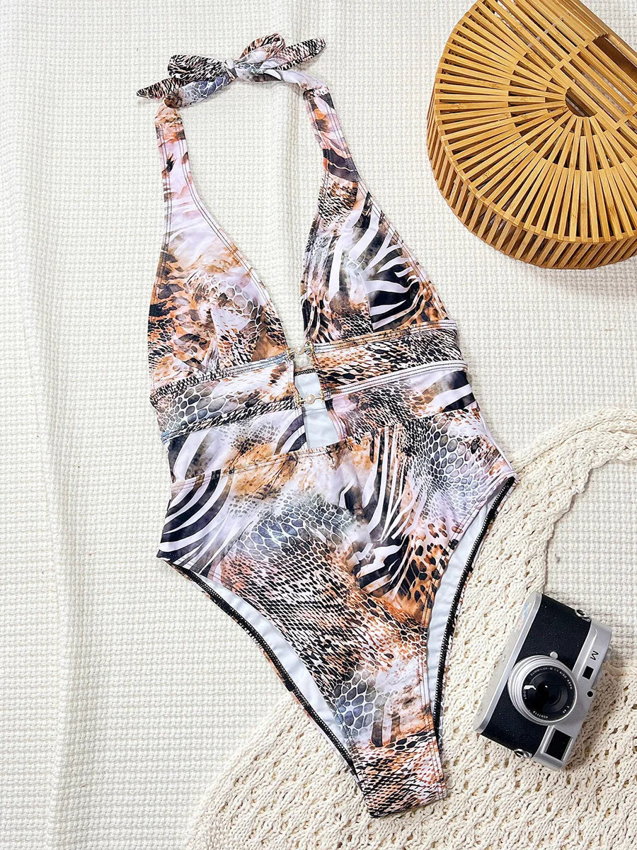 Tiger Printed Halter Deep V Neck One Piece Swimsuit