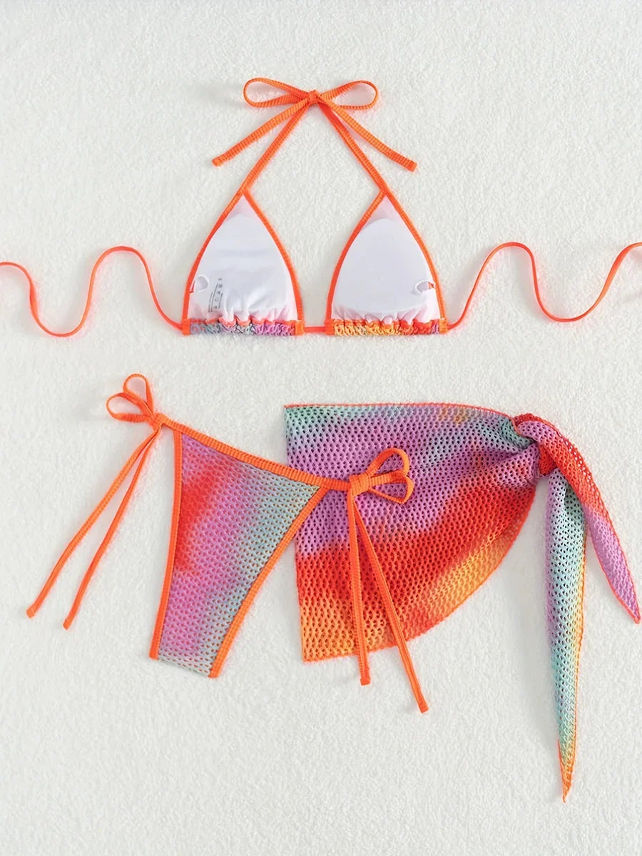 3PCS Printed with Mesh Skirt Bikini