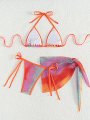 3PCS Printed with Mesh Skirt Bikini