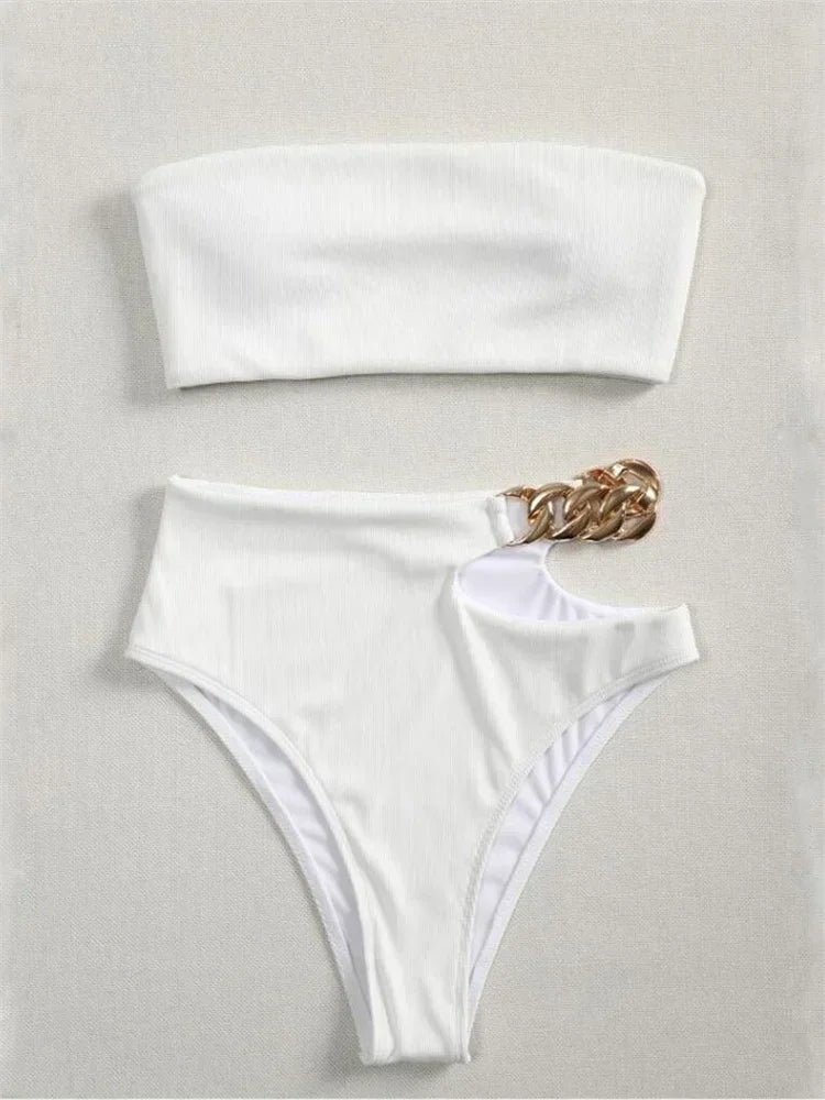 White Black Cut Out Metal High Waist Swimsuit