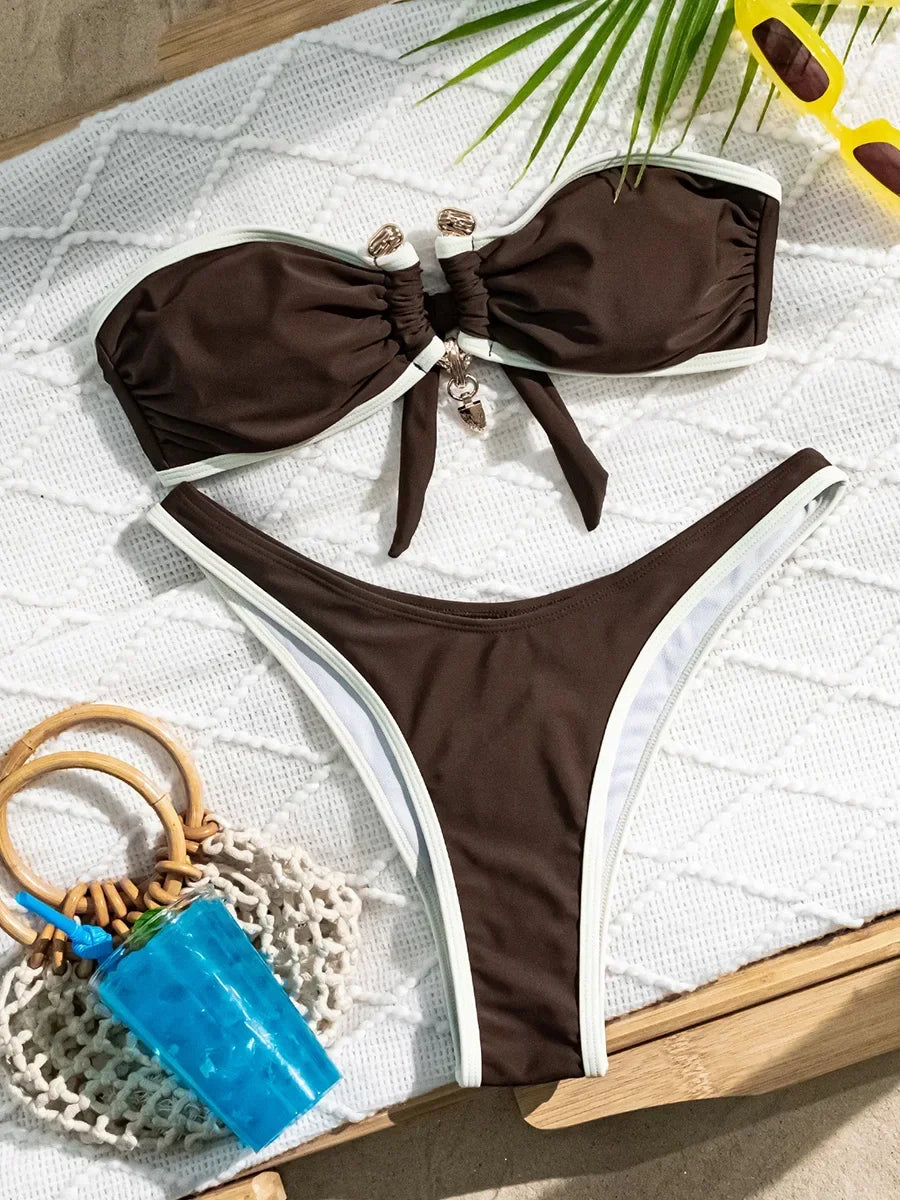 Bandeau Splicing Metal Ring Brazilian Bikini