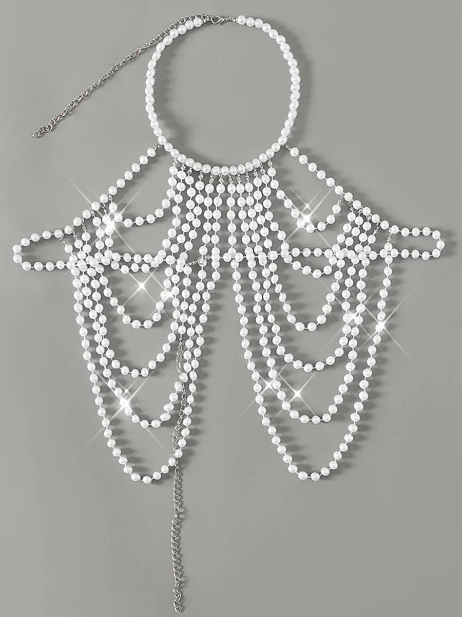 Luxury Pearls Chain Halter Hollow Out See Through Bikini